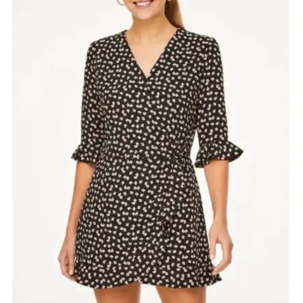 LOFT Black Mini Dress with White Floral Print